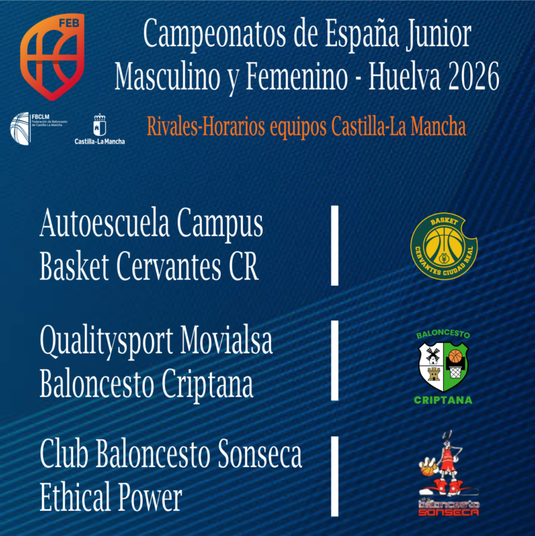 Calendarios Listos: FEB Junior 2026 para Autoescuela Campus Basket Cervantes en Femenino y Qualitysport Movialsa Baloncesto Criptana junto a CB Sonseca Ethical Power en Masculino