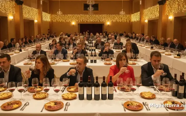 Recreación de una cata de vinos con maridaje en un auditorio, imagen generada con inteligencia artificial