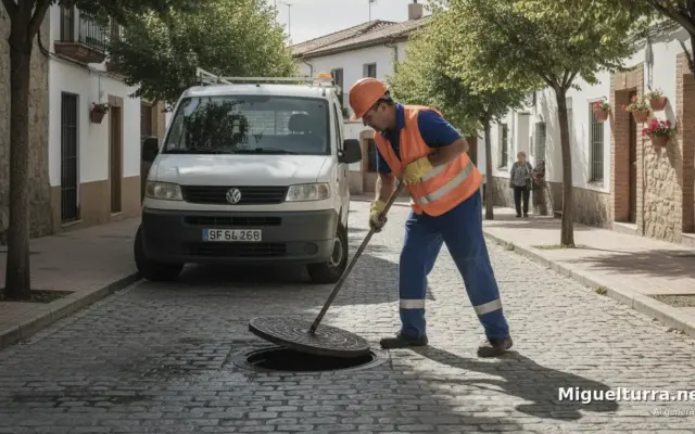 Operario municipal realizando labores de control de plagas en la red de alcantarillado de Miguelturra