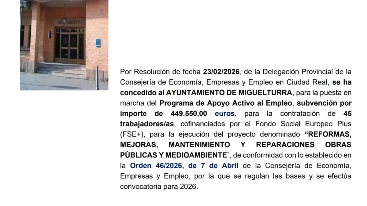 Anuncio de la subvención de la JCCM para el Programa de Apoyo Activo al Empleo en Miguelturra