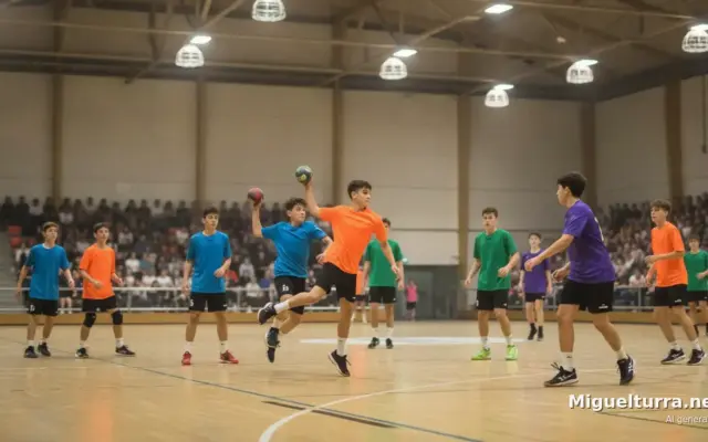 Partido de balonmano juvenil durante la Spartan Handball Cup en un pabellón municipal de Miguelturra