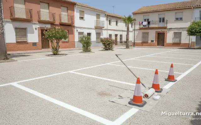Aparcamiento municipal de Miguelturra con las plazas recién pintadas y conos de señalización