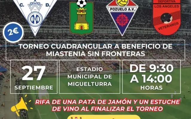 Jugadores veteranos disputan un partido en el Estadio Municipal de Miguelturra durante el torneo solidario