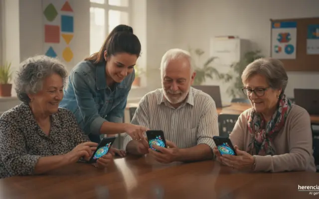 Personas mayores aprendiendo a usar el teléfono móvil en un aula