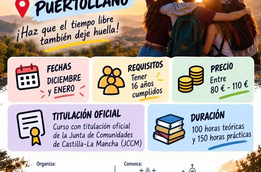 Cartel del curso de monitor de actividades juveniles, ocio y tiempo libre en Puertollano