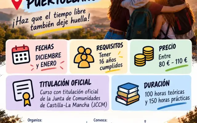 Cartel del curso de monitor de actividades juveniles, ocio y tiempo libre en Puertollano