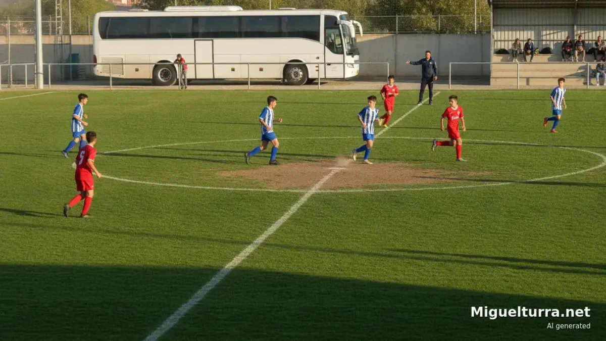 Jugadores jóvenes de fútbol escolar regional disputan un partido en un campo municipal