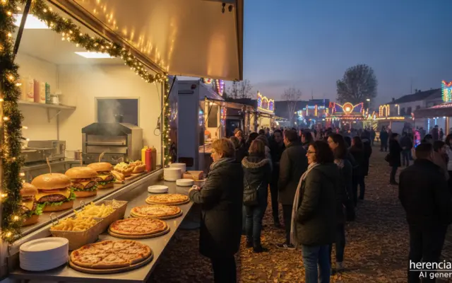 Ambiente de festival de comida callejera con food trucks en un recinto ferial