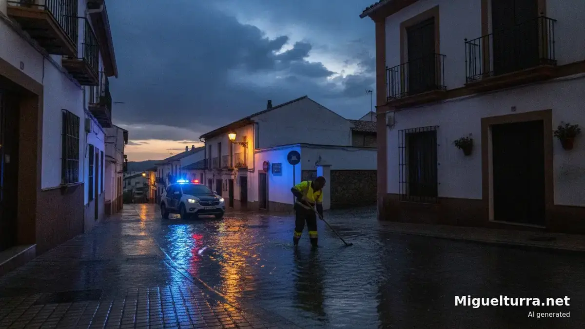 Calle inundada tras una tormenta de verano en Miguelturra, con un operario municipal y un vehículo de la Policía Local